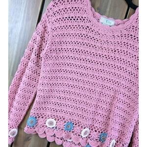 62 East Vintage Y2K Floral Embroidered Crochet Knit Pullover Sweater Cute Small